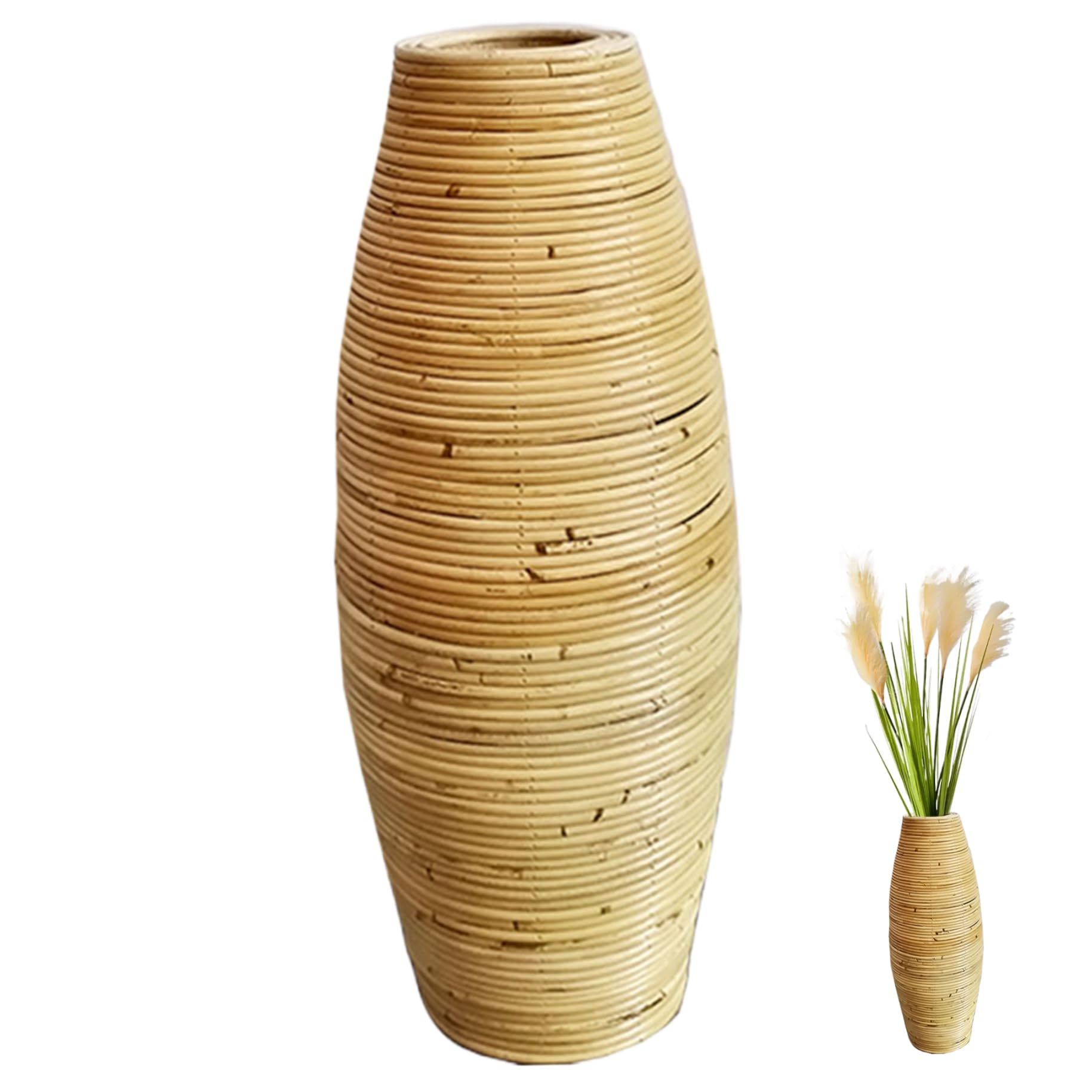 Jarrón de ratán de 50 cm de Alto para Suelo Soporte de Mimbre Tejido para decoración del hogar recipientes artísticos Decorativos de Flores secas de Pampas para estantería Centro de Mesa.