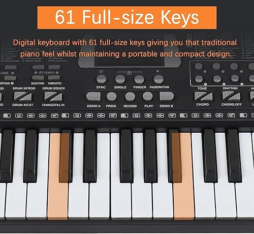 Miniatura 2 de Piano de teclado de 61 teclas, piano digital electrónico con micrófono de altavoz integrado, soporte para hojas y fuente de alimentación, teclado de