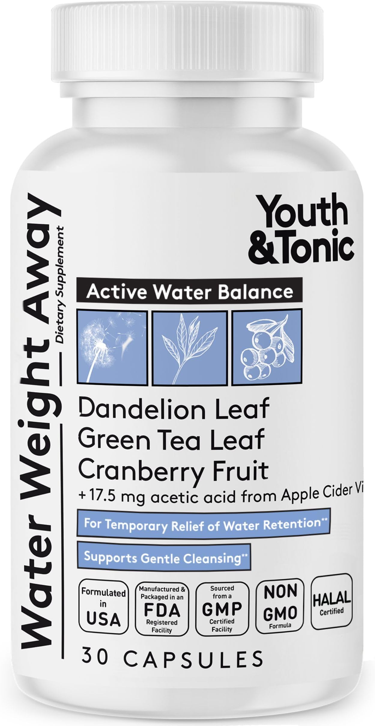 Youth & Tonic Water Pills for Fluid Retention – Water Weight Away Natural Diuretic for Bloat Relief & Fluid Balance, Support for Swollen Legs & Feet with Potassium & Vitamin B6 – 30 Pills