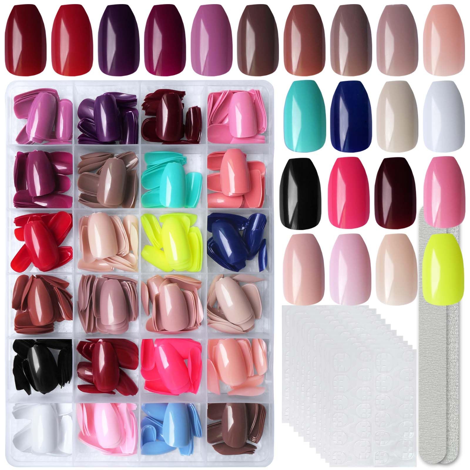 LoveOurHome 576pc Coffin Press on Nails Short Fake Nails Full Cover Colored Artificial Fingernails Ballerina False Acrylic Nail Tips 24 Glossy Colors Press on Nails for Women Girls