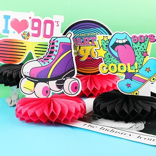 Miniatura 5 de 9 piezas de decoraciones de fiesta de los años 90, centros de mesa retro de panal de los años 90, centros de mesa de fiesta de regreso a los 90 para