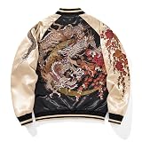 Sukajack Japanese Dragon Embroidery Bomber Jacket Vintage Satin Men's Streetwear Zip Up Casual Windbreaker Coat for Spring Autumn Champagne