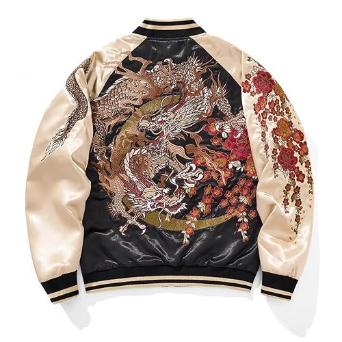Sukajack Japanese Dragon Embroidery Bomber Jacket Vintage Satin Men's Streetwear