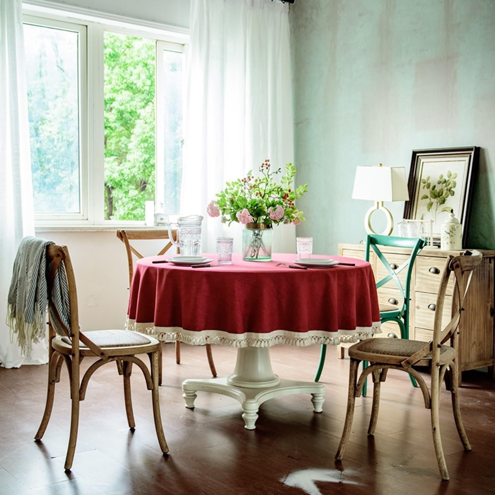 Runde Tischdecke 160 cm, Tischdecke Polyester Abwaschbar 2-4 Personen Einfarbiges Rot mit Spitze Tischwäsche Landhausstil Deko