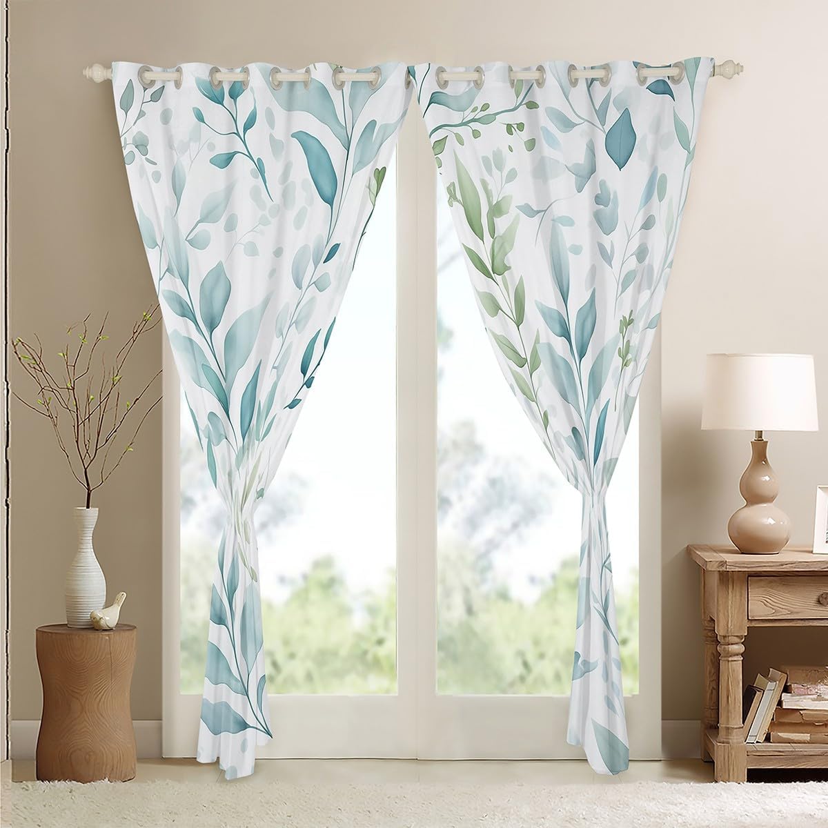 Feelyou Floral Curtains Blue Green Floral Leaf Window Curtains for Bedroom Living Room for Kids Boys Girls Vintage Botanical Plants Window Drapes Soft Blackout Curtains, 42W X 84L,2 Panels