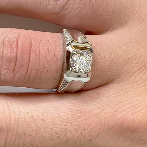 Miniatura 5 de SweetJew Anillo de boda de moissanita para hombre, plata de ley 925, 2cttw D, color VVS1, claridad brillante, corte redondo, anillos de promesa para