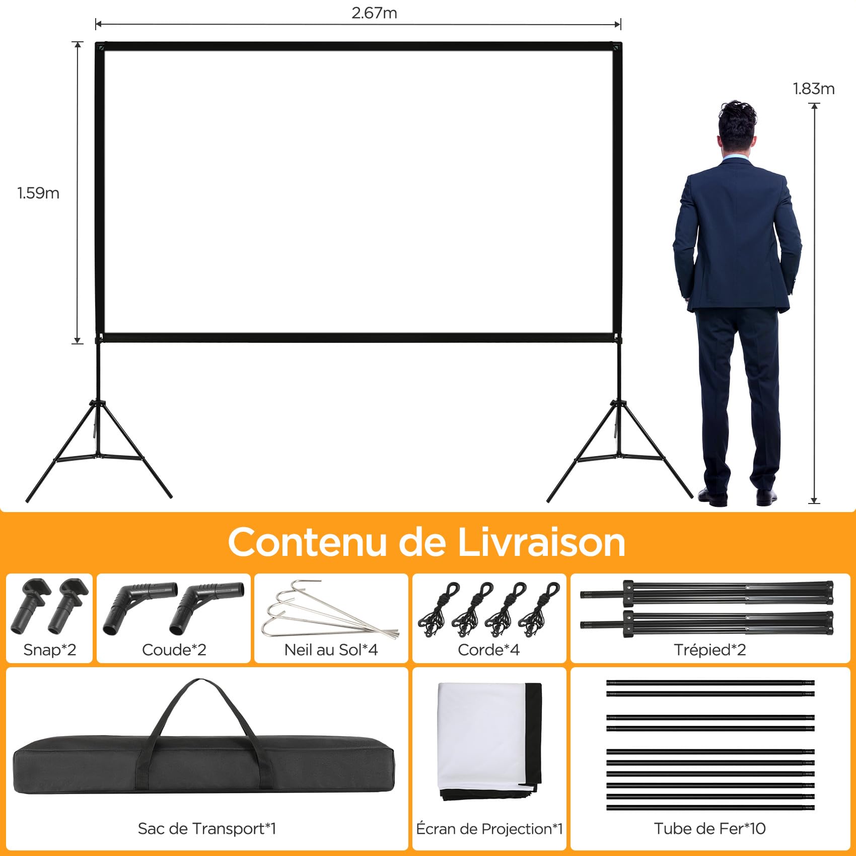 VISULAPEX Écran de Projection 120" 4K HD 16:9 Pliable sur Pied avec Sac Portatif