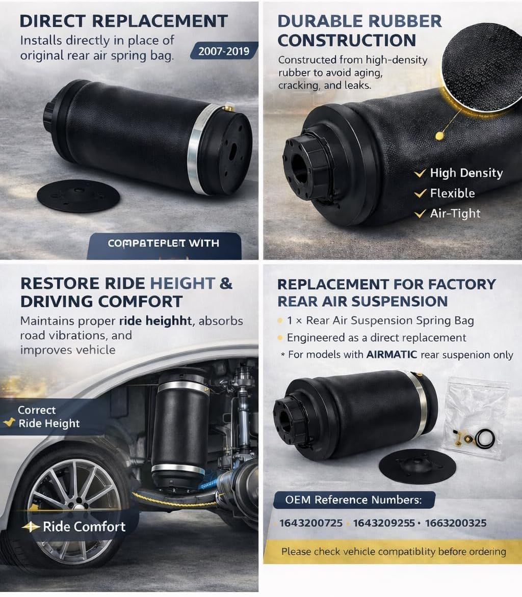 1Pcs Rear Air Spring Suspension Bag Compatible with Benz W164 X164 W166 X166 GL320 GL350 GL450 GLE350 GLE450 AMG GLS450 ML320 ML350 ML450 2007-2019 1643201025 1643200725 1663200325