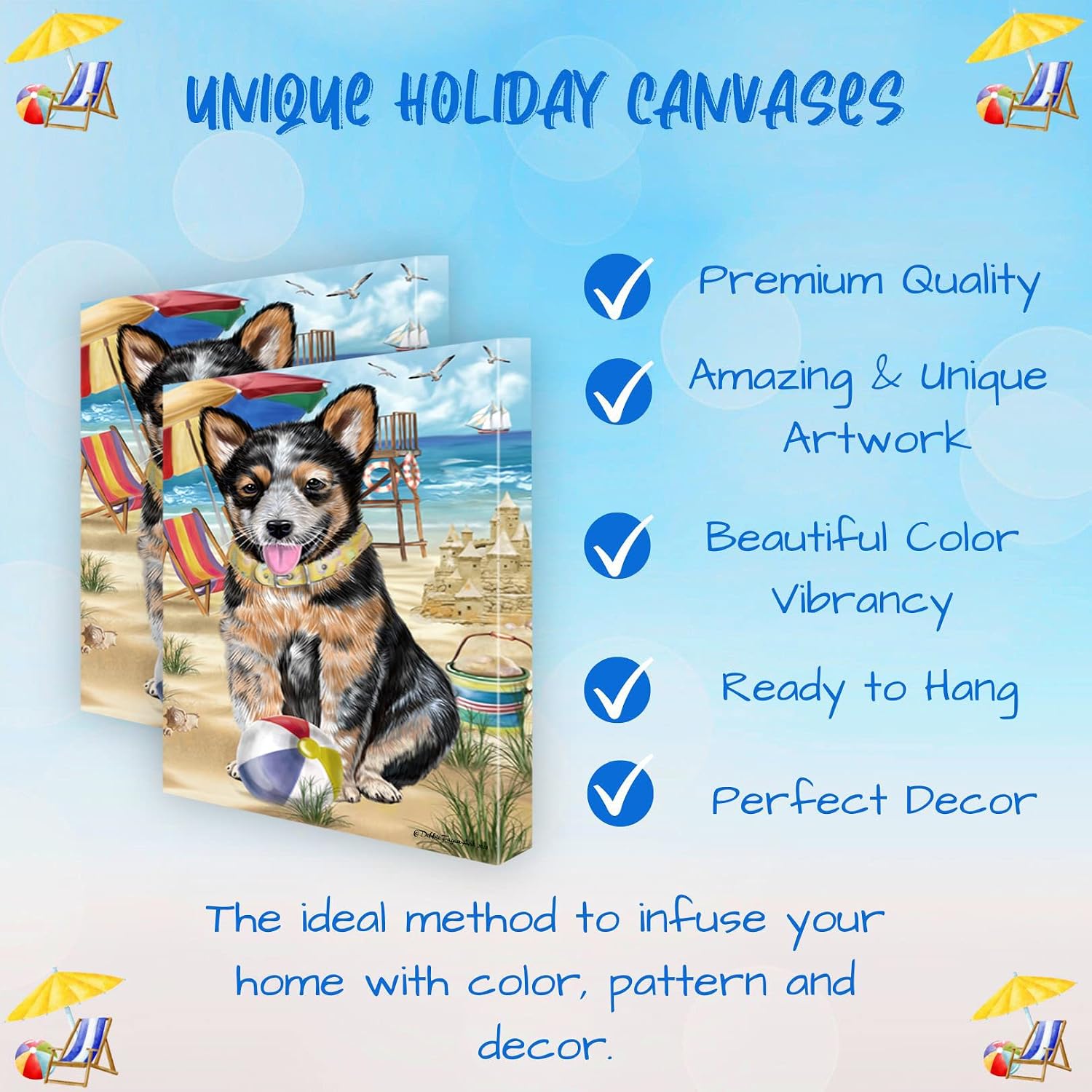 Doggie of the Day Pet Beach with Australian Cattle Dog Canvas Wall Art - Premium Quality Ready to Hang Room Decor - Flat Rolled 16" x 20"
