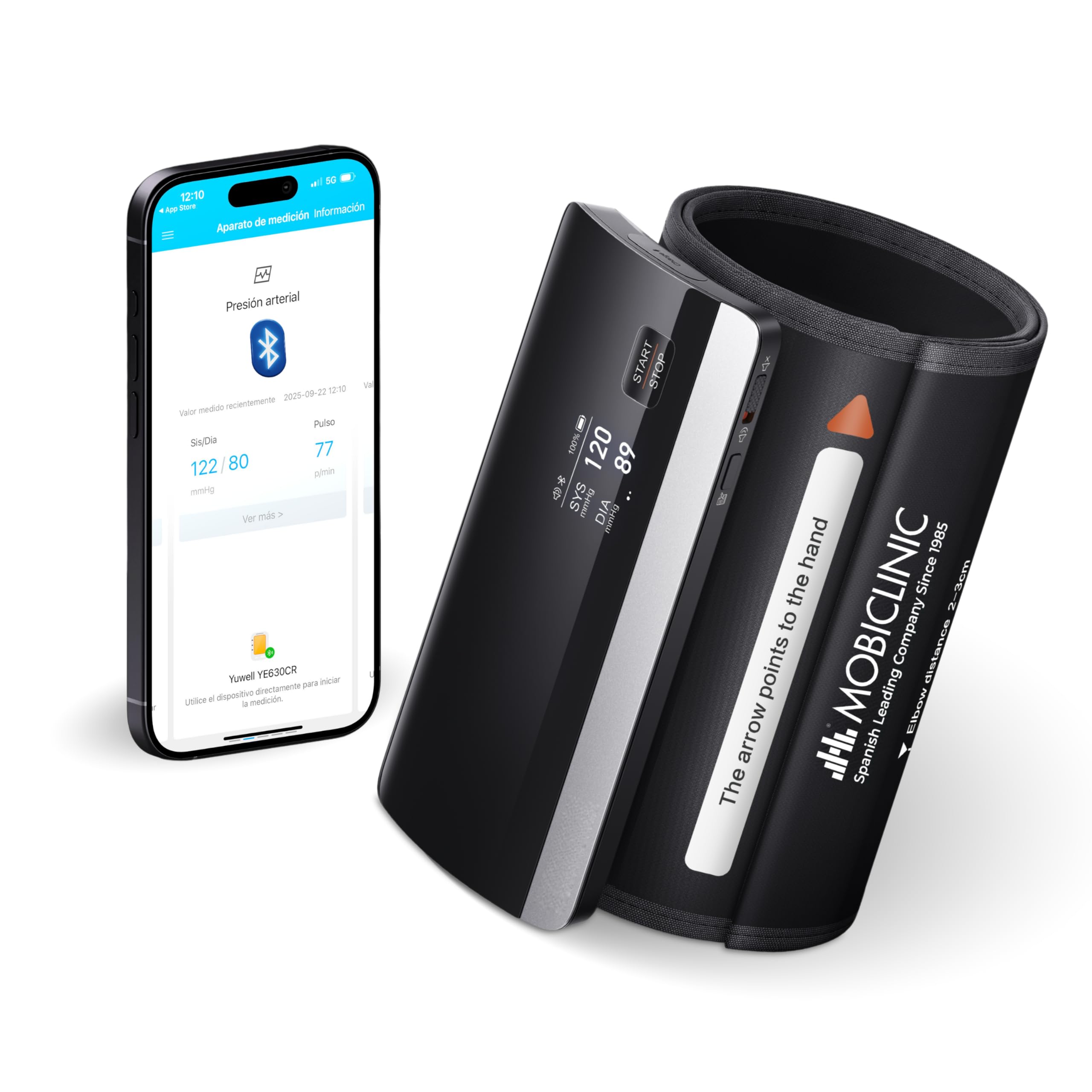 Mobiclinic®, Blutdruckmessgerät, Digital, Bluetooth- und APP-Verbindung, Sprachführung, 50 Speicherplätze, Bewegungserkennung, USB-Aufladung, Präzise, ​​Cardiomed