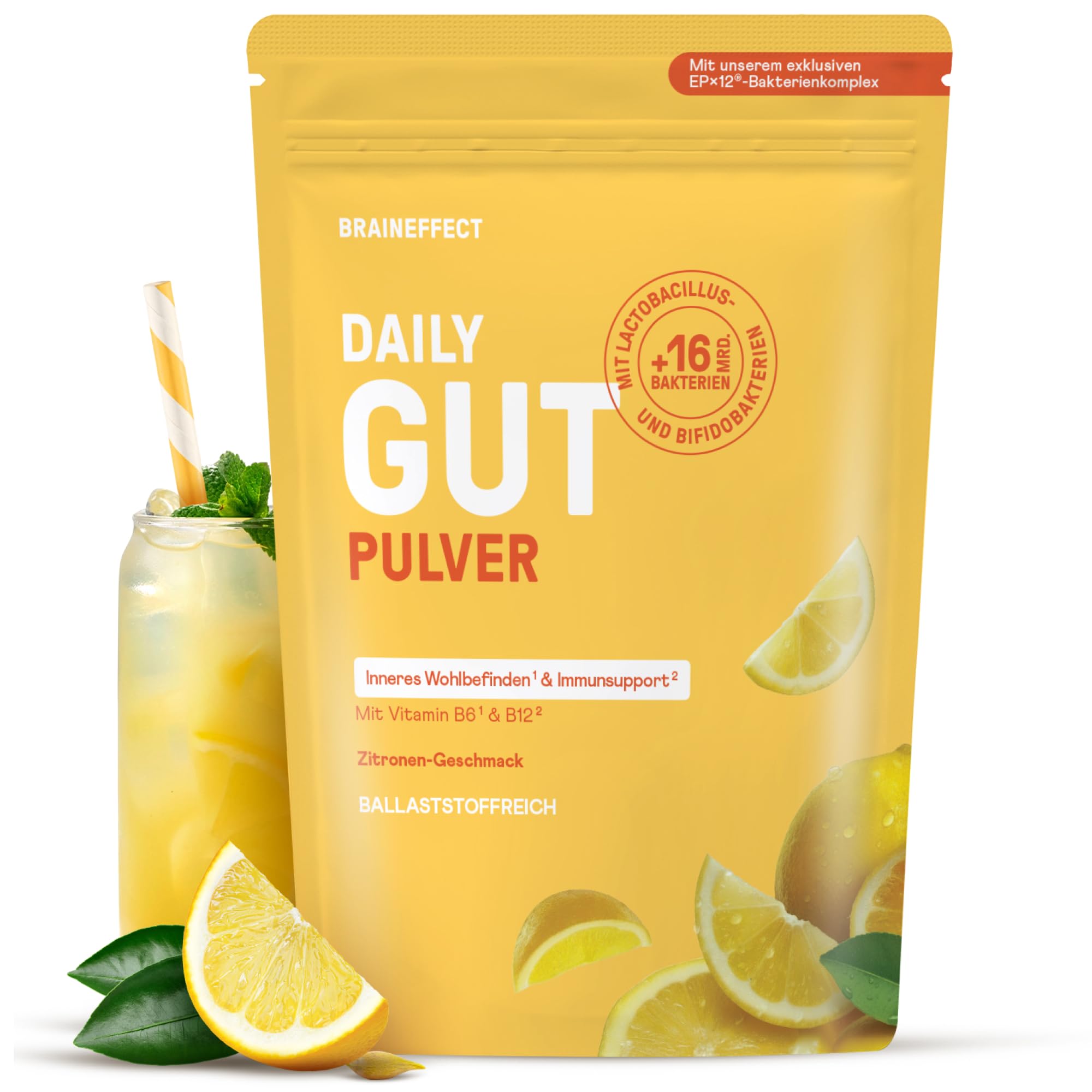 BRAINEFFECT DAILY GUT – Probiotisches Getränkepulver mit 16 Mrd. lebenden Bakterien & 7 g Ballaststoffen pro Portion, mit Vitamin B1, B2, B6 & B12, Zitronengeschmack – 240 g