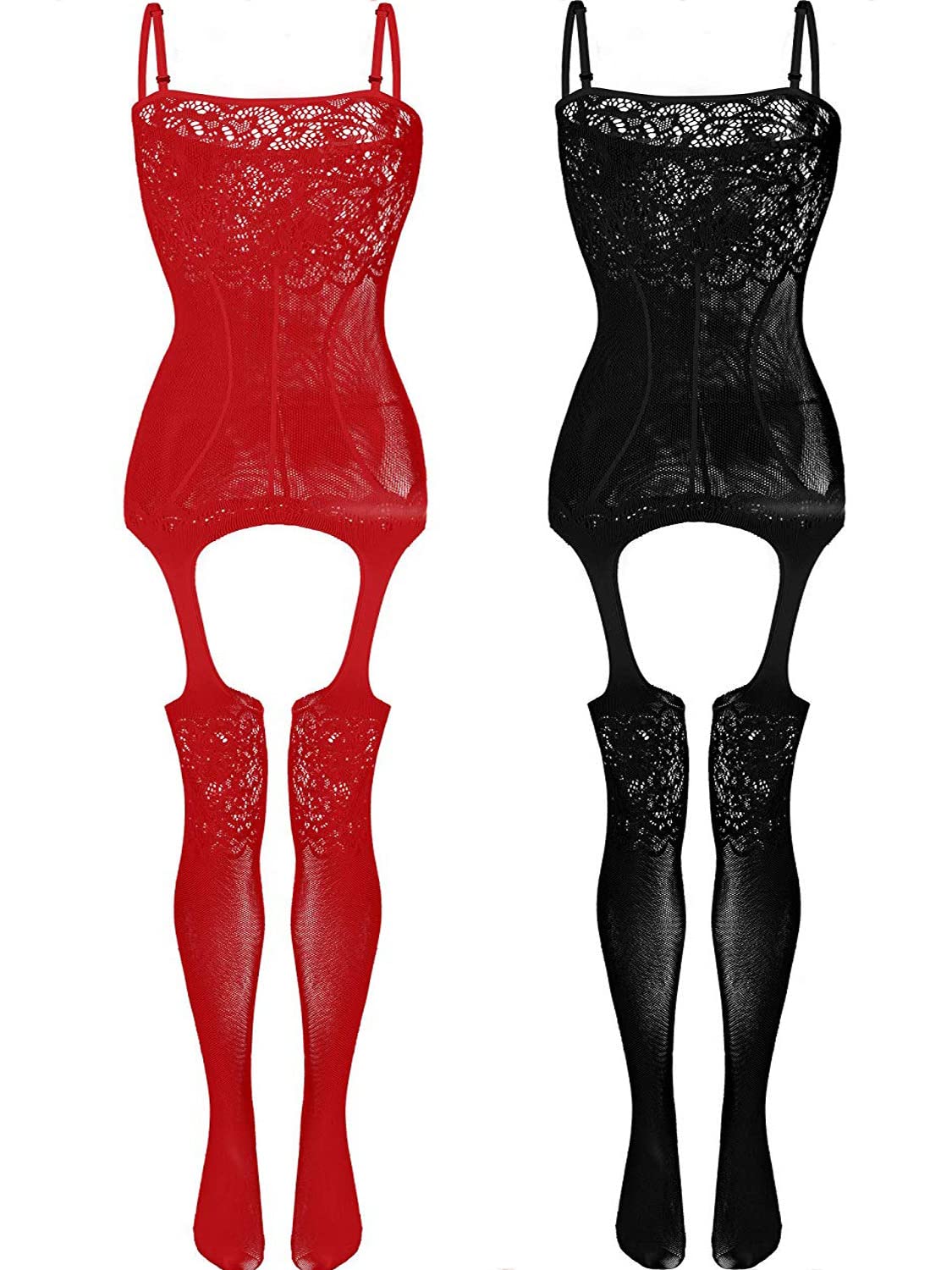 2 Pack Womens One Size Fishnet Bodystockings Striped Lingerie Crotchless Bodysuits Tights Suspenders Black