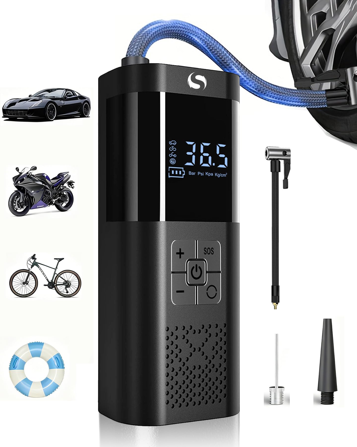 SERVOMASTER Elektrische Luftpumpe, Akku Kompressor 150PSI, Akku Luftpumpe Fahrrad mit Auto-Stopp-Funktion, Kompressor Auto mit Digital Display und LED-Licht, für Autos, Motorräder, Schwarz-Silber