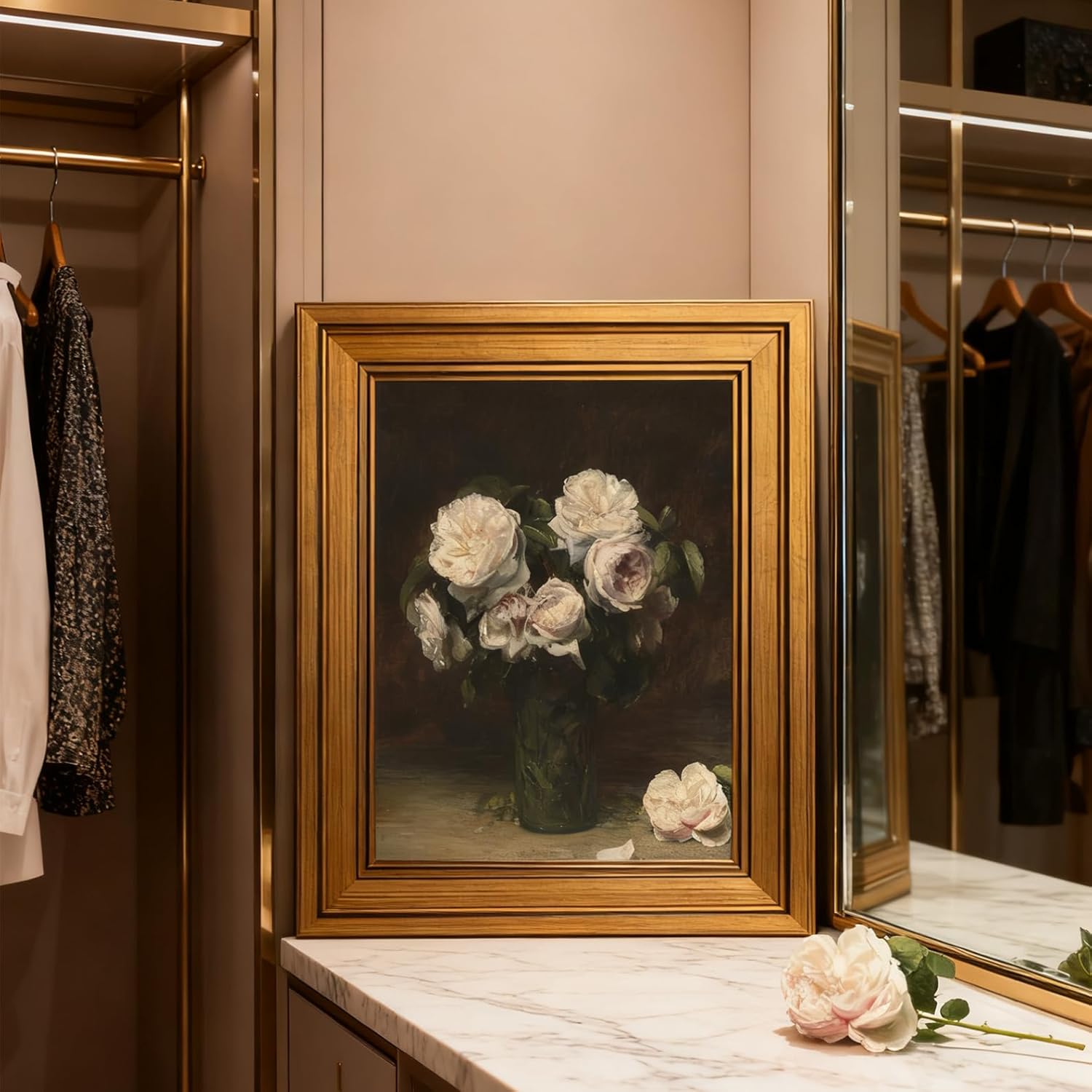 Gold Framed Wall Art Moody Style Vintage Flower Painting Picture Wall Decor Peony Floral Paintings Farmhouse Poster Print Artwork for Bedroom Living Room Home Decoration