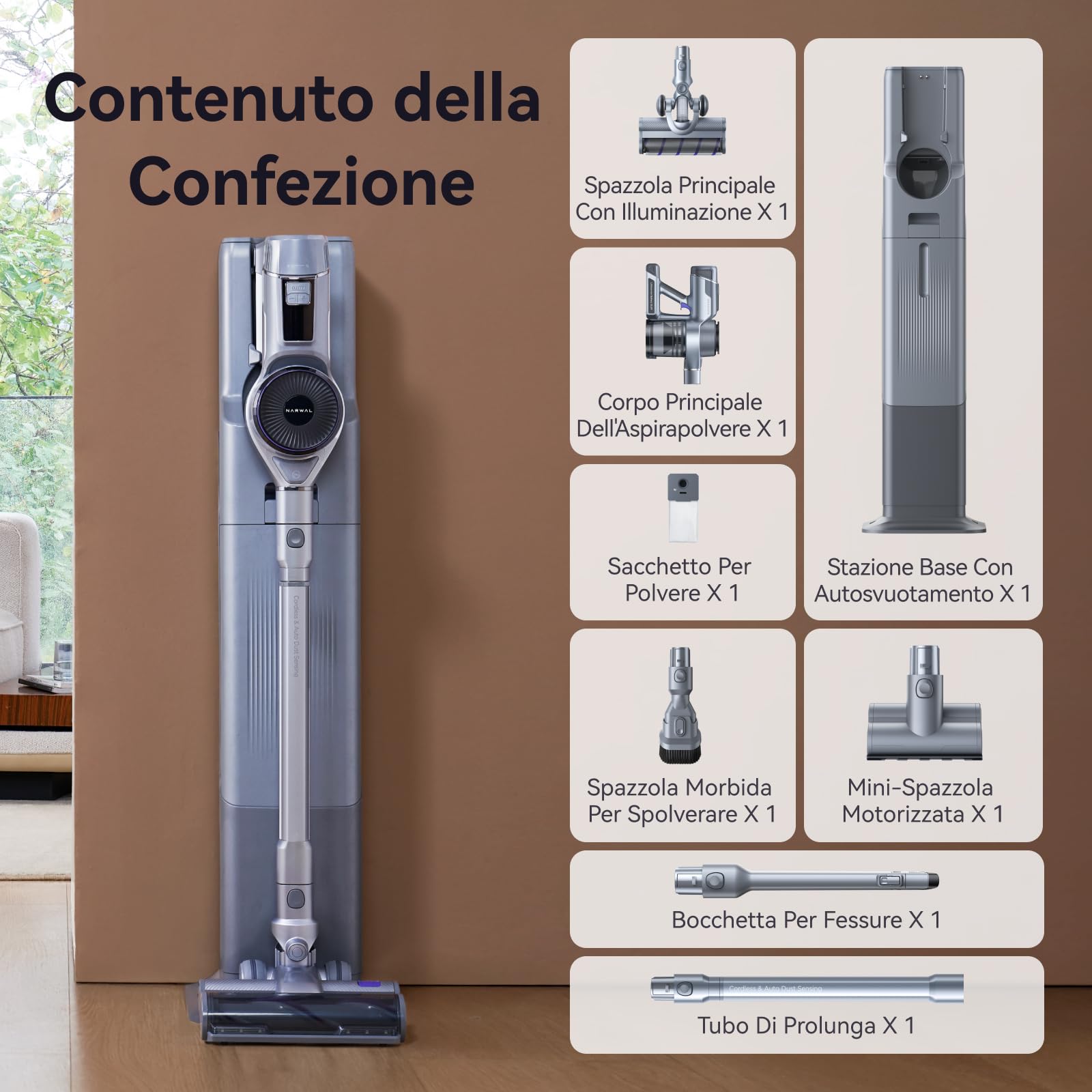 NARWAL V40 Station Aspirapolvere Senza Fili, 28000PA / 220AW, Autonomia 120 minuti, Tecnologia Anti-groviglio per peli di Animali, Manutenzione Zero per 100 Giorni, Testina Multifunzione