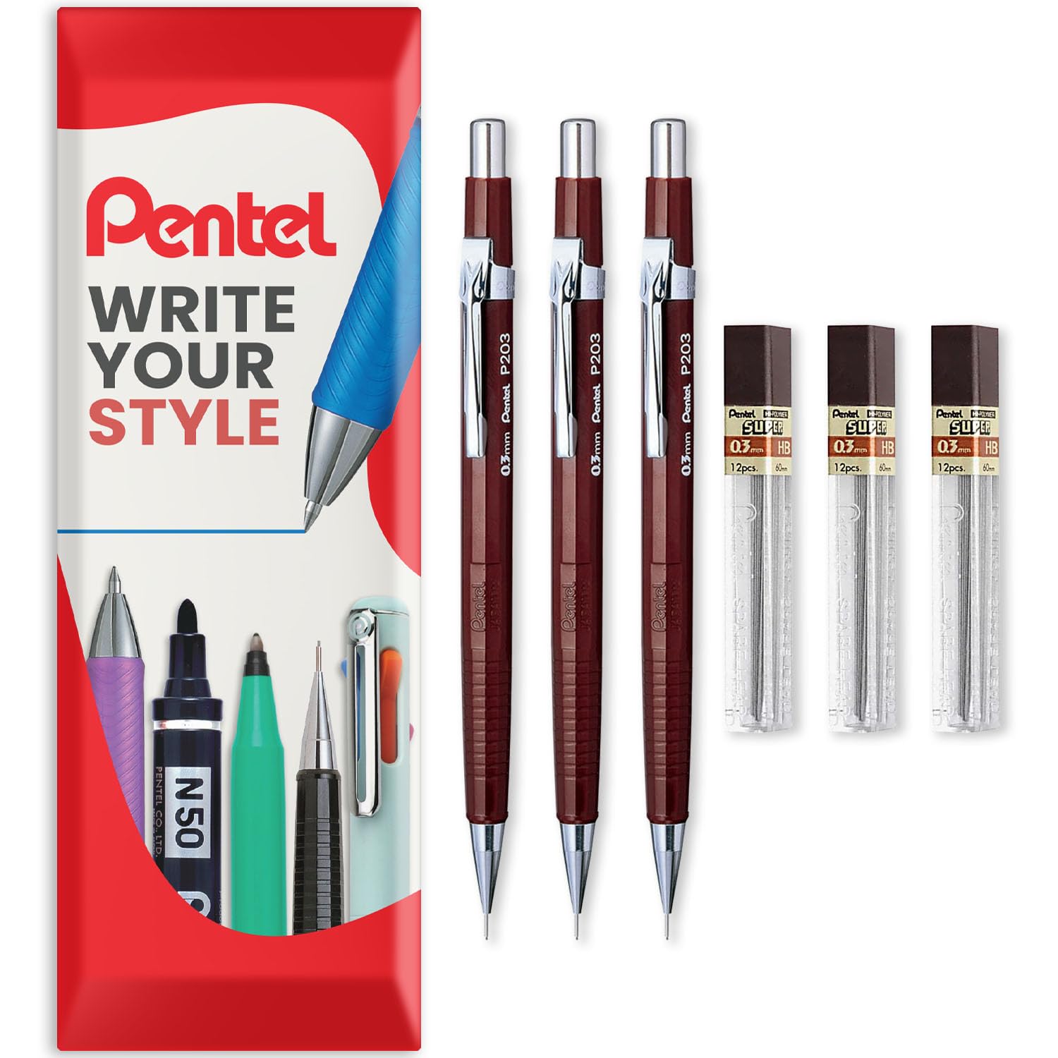 Pentel P200 Series - Portaminas automáticas (mina HB, 3 lápices + 3 tubos de minas de recambio), en paquete de regalo (P203 (0,3 mm)