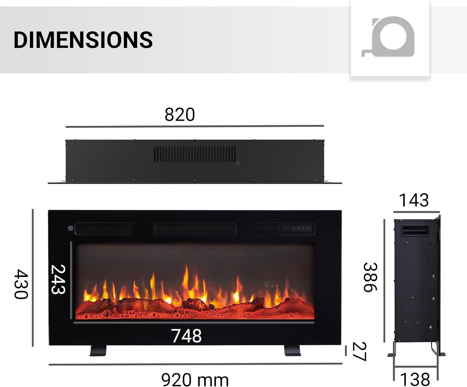 Technical drawing showing the dimensions of the electric fireplace in millimeters.