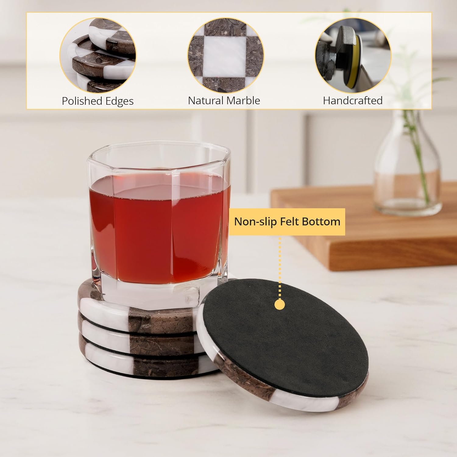 Marble Coasters Set of 4, White and Oceanic Handmade 4 inch Stone Round Coasters, Elegant Table Coaster for Drinks, Durable Kitchen Décor & Home Accessories