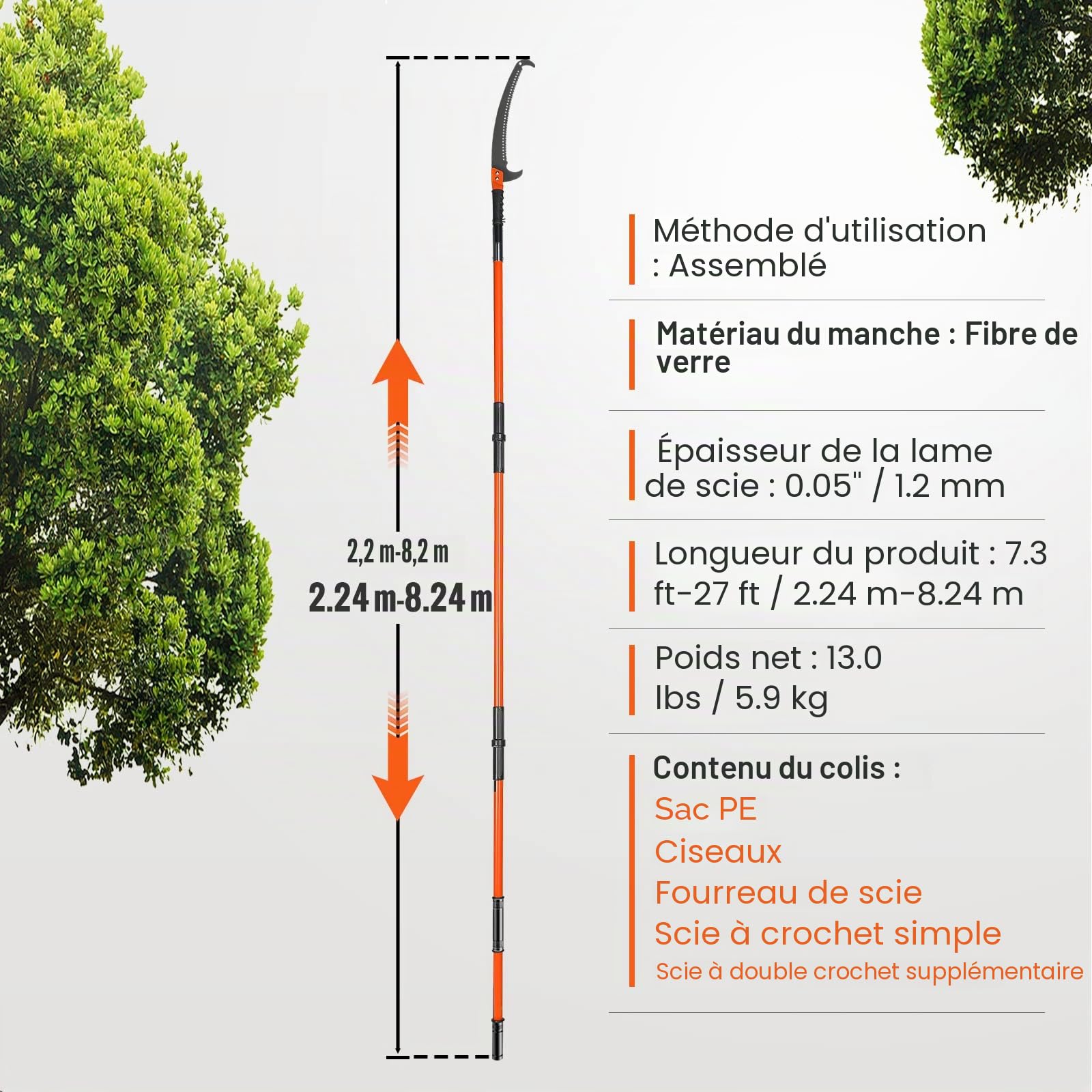 VEVOR Scie à Élaguer Télescopique 2,24-8,24 m Scie à Perche Extensible Lame en Acier Tranchant Scie d'Élagage avec 8 Poteaux Fibre de Verre Ciseaux Coupe Branches Hautes pour Élagage Palmiers Arbustes
