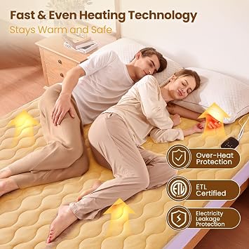 Bearhug Heated Mattress Pad Queen Size 60x80 with Zippered Detachable Cover, Dual Control Electric Bed Warmer Machine Washable with 10 Heat Settings & 12H Auto Off Winter Essentials