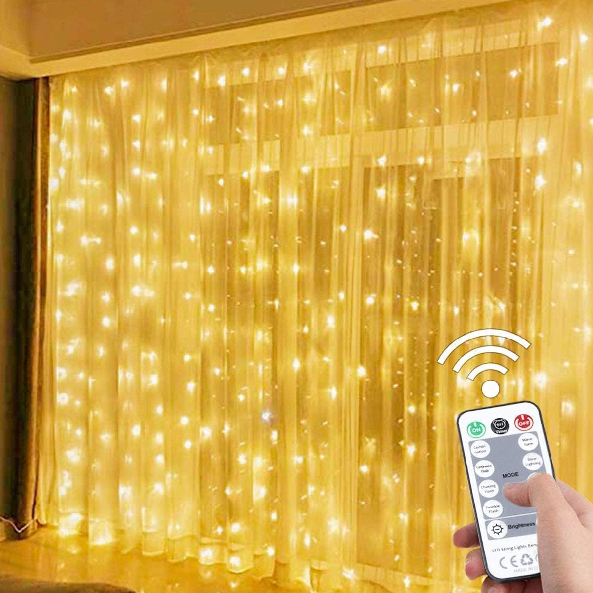 Window Curtain String ,300 LED Bedroom Curtain String ,USB Powered 8 Lighting Modes Twinkle String Lights Hanging with Remote Control,Indoor,Outdoor,Party,Christmas Décor (Warm white)(a)
