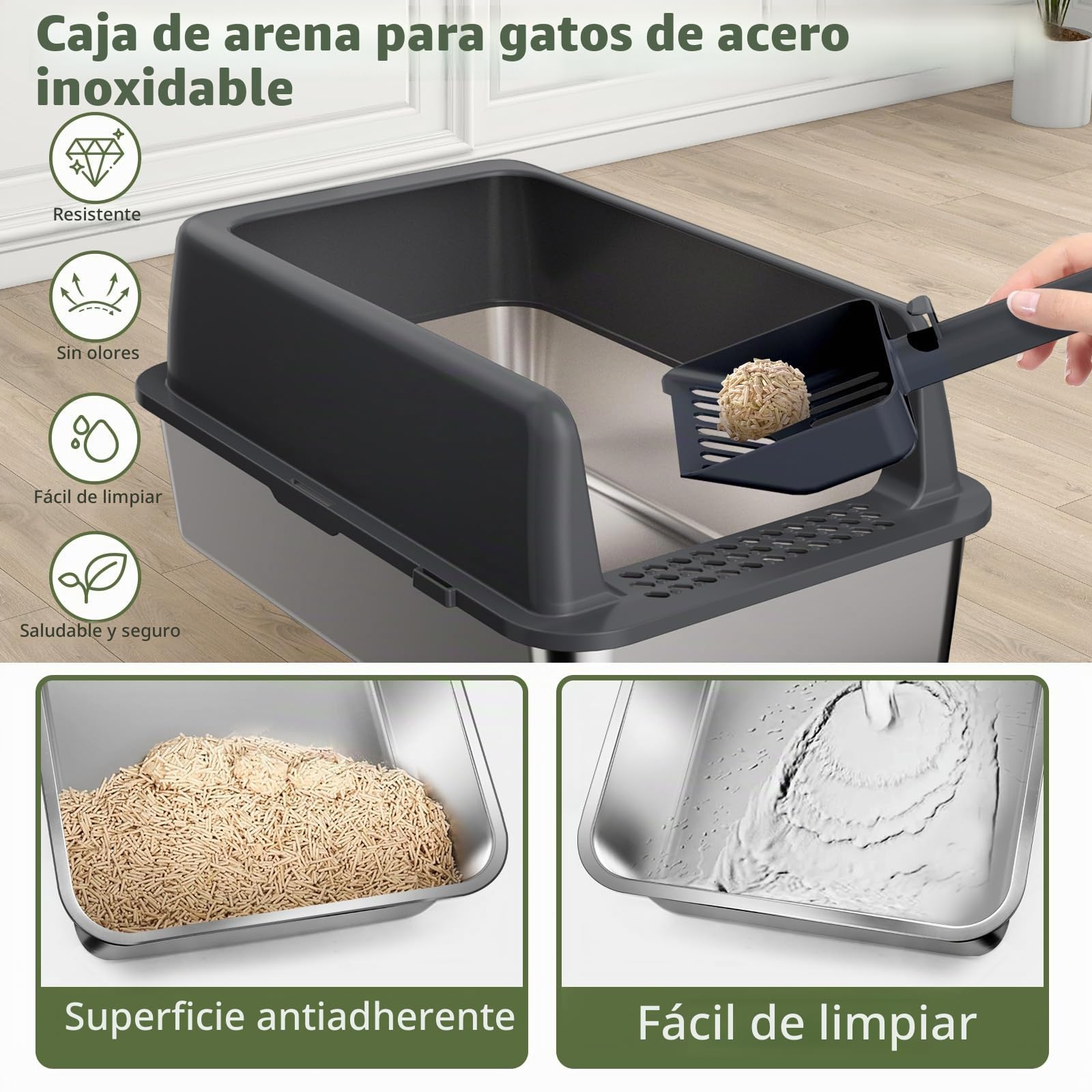 Gimars Caja de Arena XL de Acero Inoxidable, Bandeja Grande de 20L con Pala para Arena y Alfombrilla, Bandeja metálica Ideal para Gatos Grandes y medianos, fácil de Limpiar y Duradera