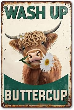 Highland Cow Bathroom Sign - Vintage "Wash Up Buttercup" Wall Art, Rustic Farmhouse & Cottagecore Decor, Cute Gifts 8x12 Inch 2906