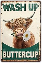 Highland Cow Bathroom Sign - Vintage "Wash Up Buttercup" Wall Art, Rustic Farmhouse & Cottagecore Decor, Cute Gifts 8x12 Inch (2906)