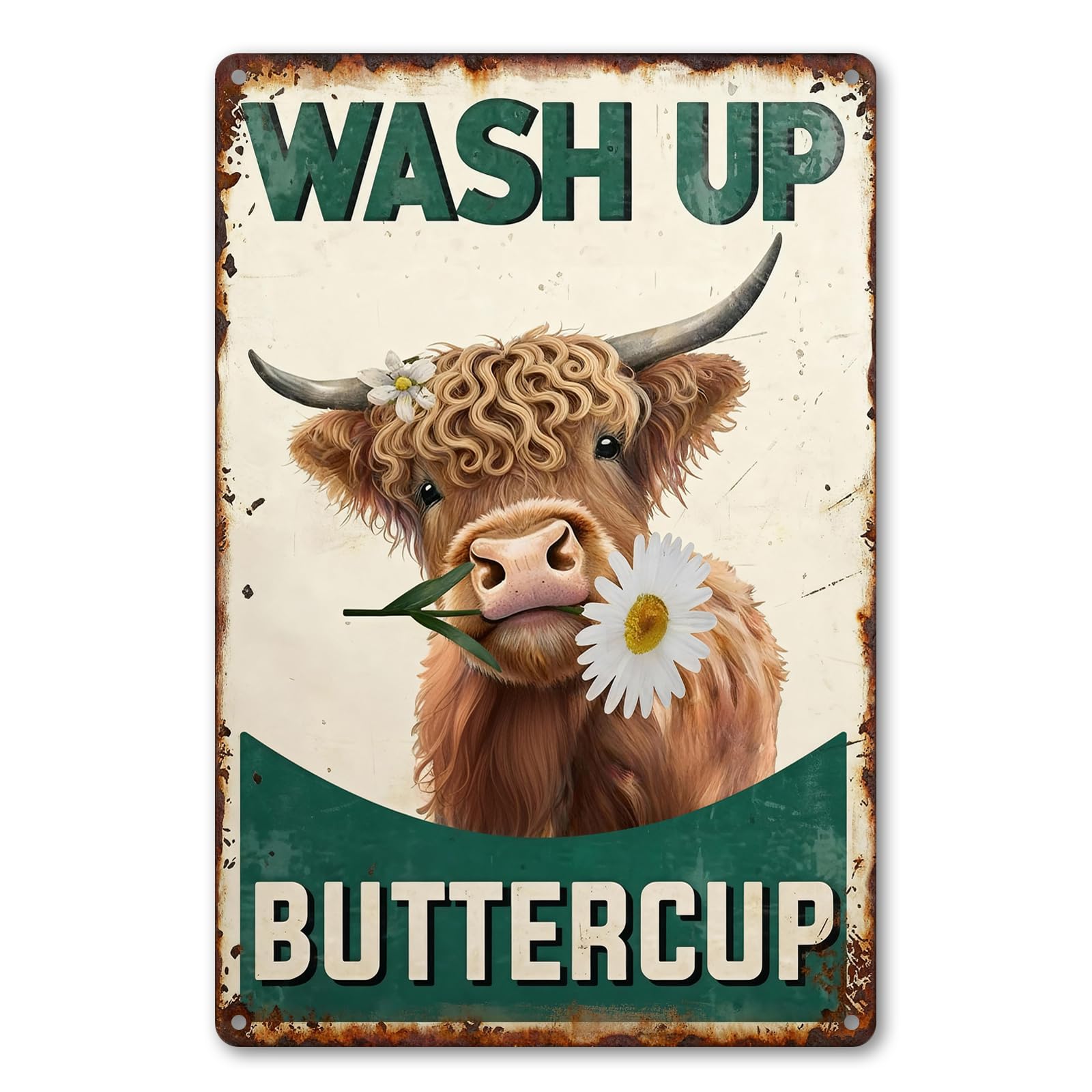 Highland Cow Bathroom Sign - Vintage "Wash Up Buttercup" Wall Art, Rustic Farmhouse & Cottagecore Decor, Cute Gifts 8x12 Inch (2906)