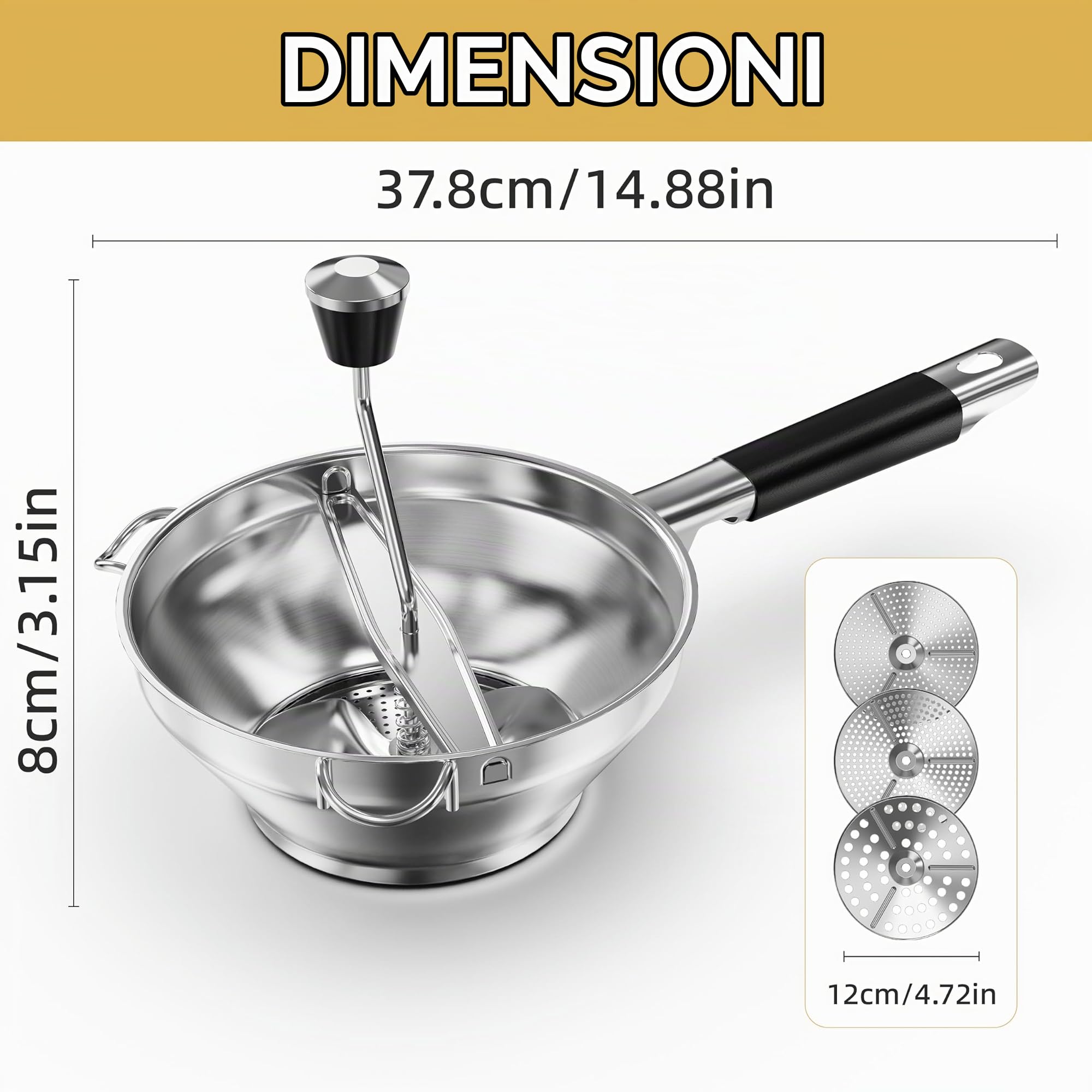 Passaverdure in acciaio inossidabile con 3 dischi intercambiabili, tritatutto manuale a manovella per alimenti per bambini, per salsa di pomodoro e purè di patate (argento H)