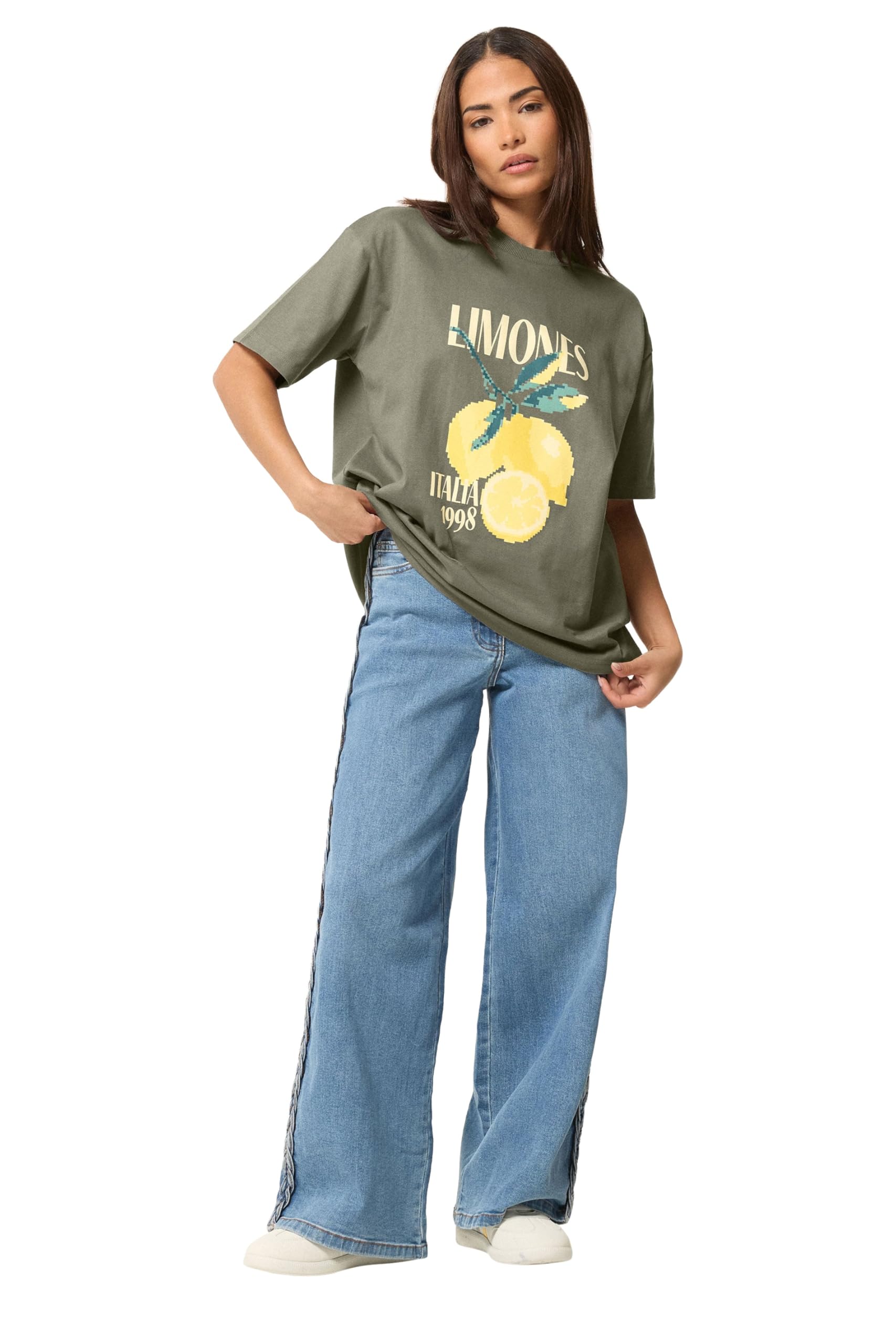 Pixiegirl Women's Green Petite Sage Lemon Graphic Cotton Oversized T-Shirt Petite