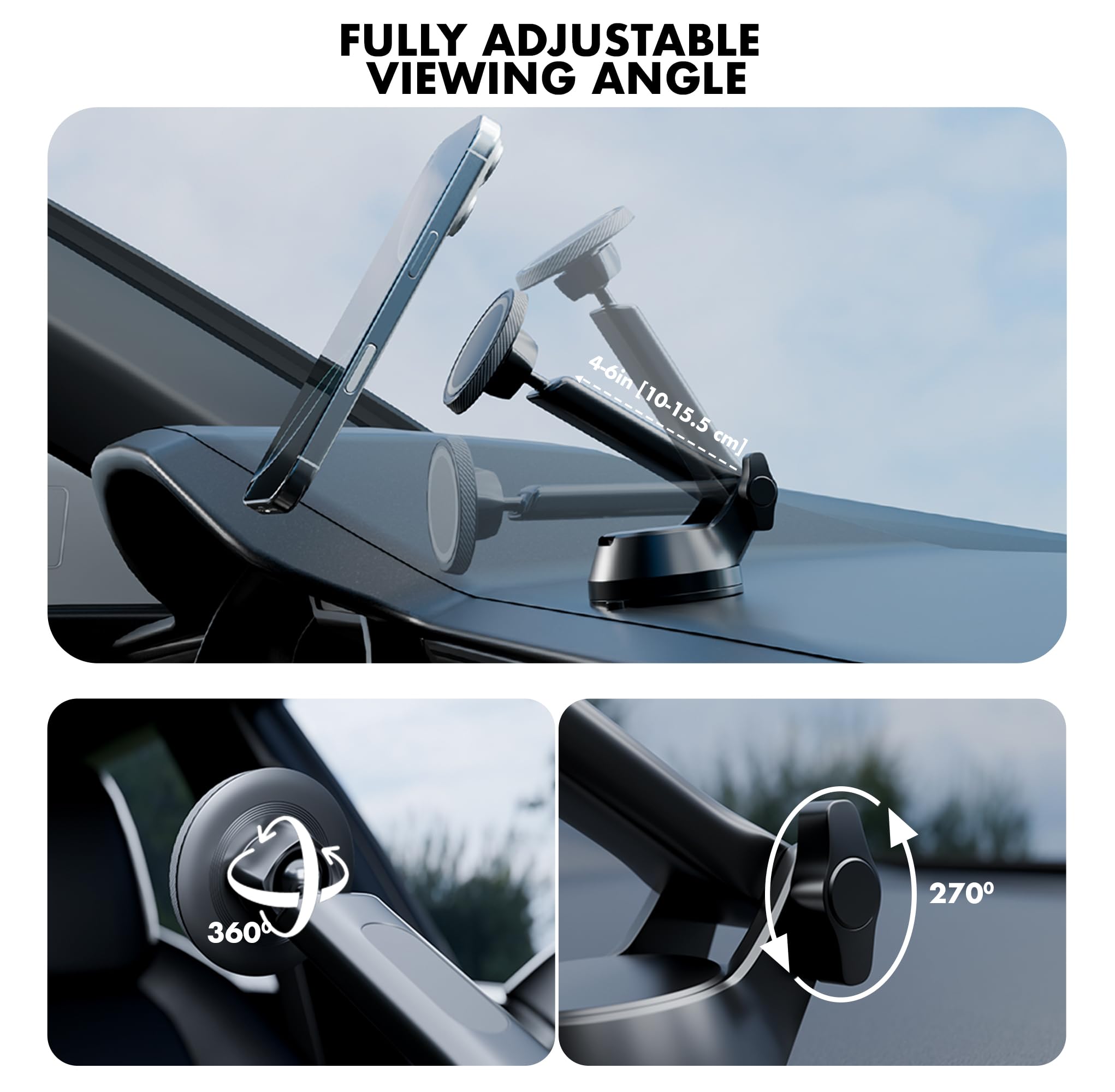 Capes Maglock Support de téléphone magnétique pour tableau de bord et pare-brise compatible avec le support de voiture MagSafe, pour iPhone 16/15/14/13/12 avec support réglable, aimants puissants et
