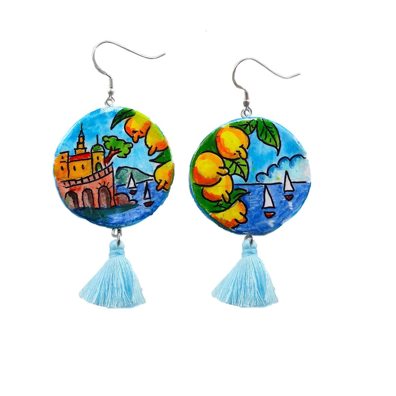 Boucles d'oreilles en céramique peintes à la main - AMALFI EN CÉRAMIQUE - Boucles d'oreilles pendantes pour femme, Bijoux en céramique peinte, Crochet en argent, Fabriqué en Italie, Bijoux, Artisanat