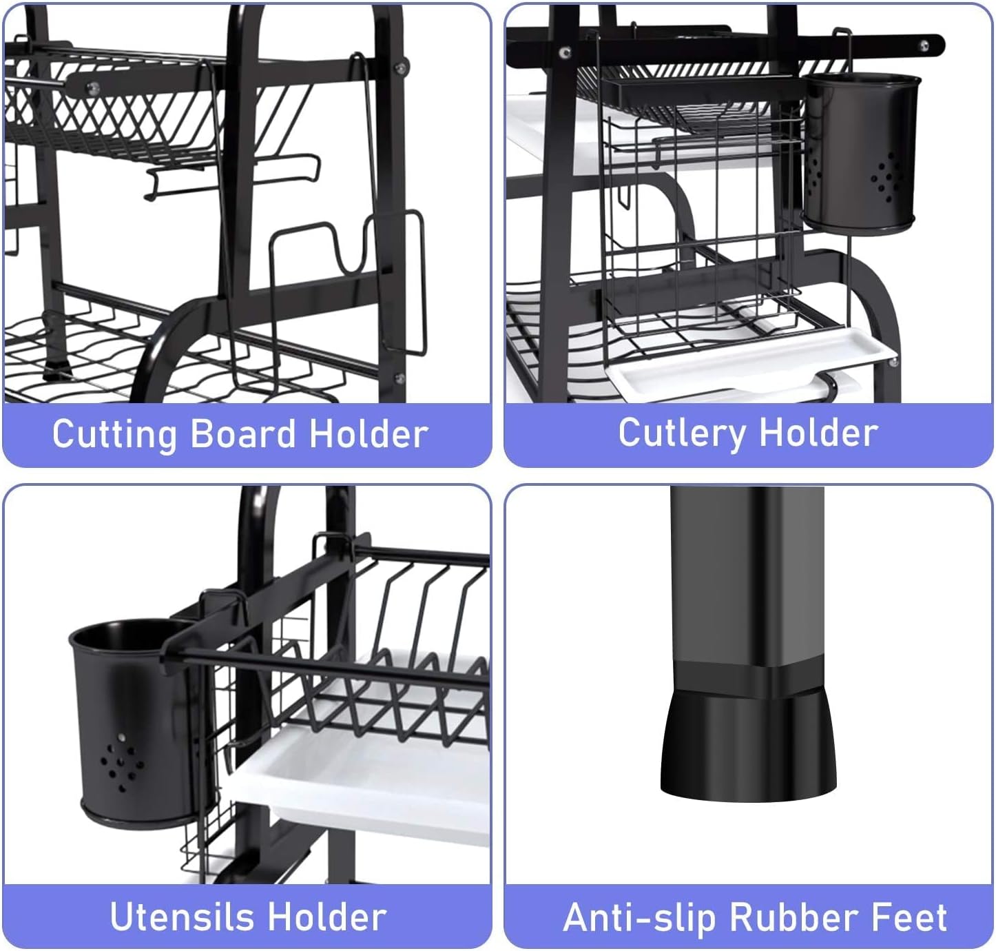 2 Tier Dish Rack, Stainless Steel Dish Drainer with Drainboard, Plate Cup Holder, Saving Space