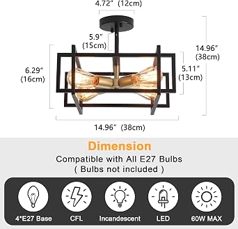 Black Ceiling Light Living Room, 4 Lights Industrial Semi Flush Mount Ceiling Lights, Black and Gold Chandeliers Ceiling Light for Kitchen, Bedroom, Dining Room, Lounge, Hallway