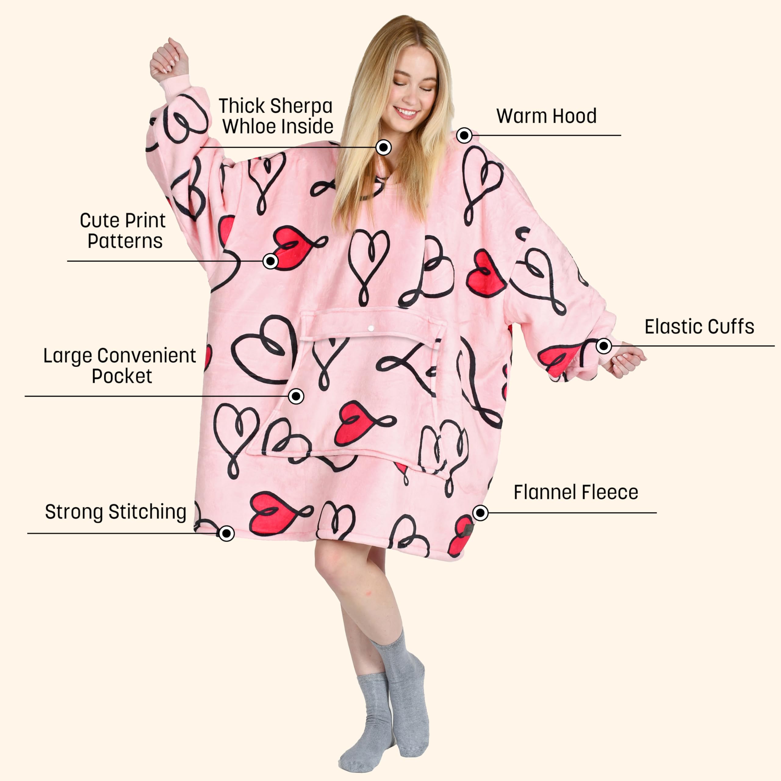 Catalonia Oversized Blanket Hoodie Sweatshirt, Wearable Sherpa Lounging Pullover for Adults Women Men