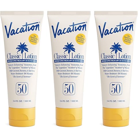 Vacation Classic Sunscreen Lotion SPF 50 3-Pack, Water Resistant Broad Spectrum Sunscreen Sun Block, Vegan Sun Tanning Lotion, Body Lotion with SPF, Travel Size Sunscreen, 3.4 fl. Oz. (Pack of 3)