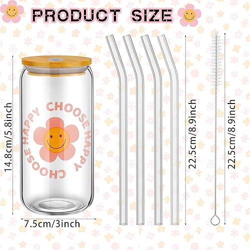 Miniatura 2 de Umigy 8 tazas de vidrio bonitas con tapas y pajitas de bambú Groovy Retro Ice Coffee Cup 16 oz Smile Face Daisy Vasos de cerveza de vidrio con