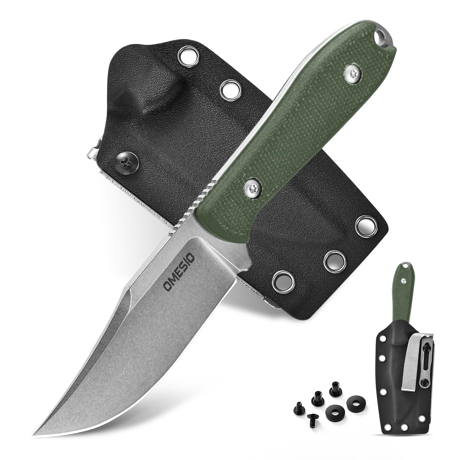 Omesio Couteau EDC D2 7,8 cm Manche Micarta avec Étui Kydex | Livré avec pierre à aiguiser et corde en nylon, idéal pour camping, randonnée et activités de plein air.