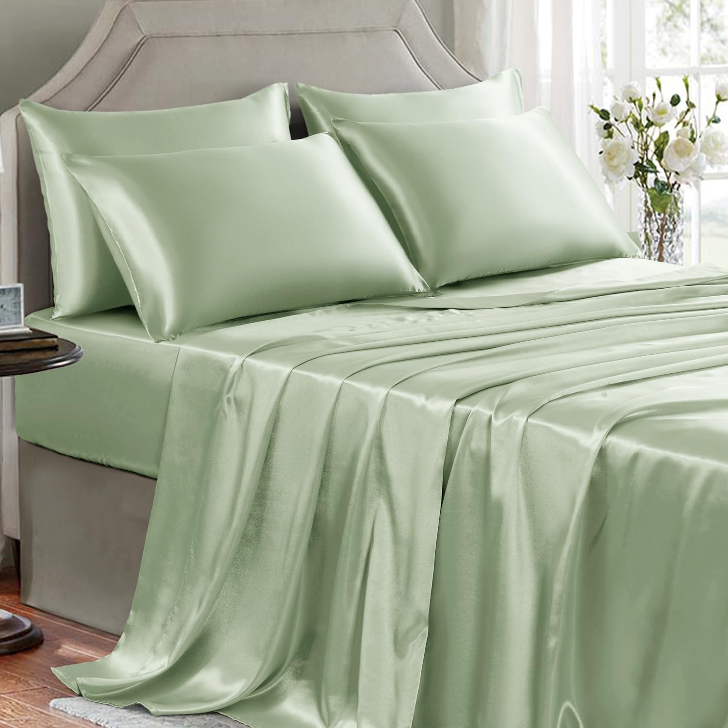 GOLAL Satin Sheets Full Size - 6 Pieces Luxury Silky Soft Bed Sheets, Wrinkle-Free Sage Green Satin Silk Sheet Set with 1 Deep Pocket Fitted Sheet, 1
