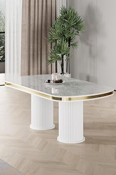 Galya Serisi Lak Panel 90x168 cm Sabit Beyaz Mermer Desen Mutfak Masas , Gold PVC