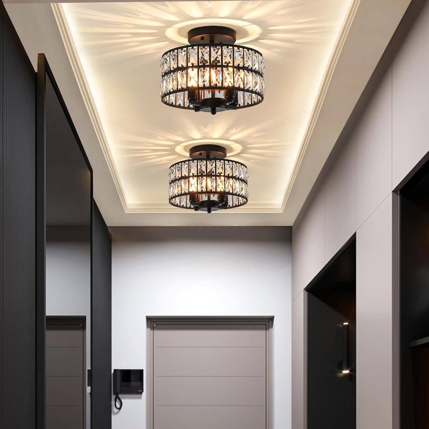 SeeU Modern Crystal Chandelier Black Flush Mount Pendant Lighting 12.6'' Ceiling Light Fixture for Bathroom Bedroom Hallway