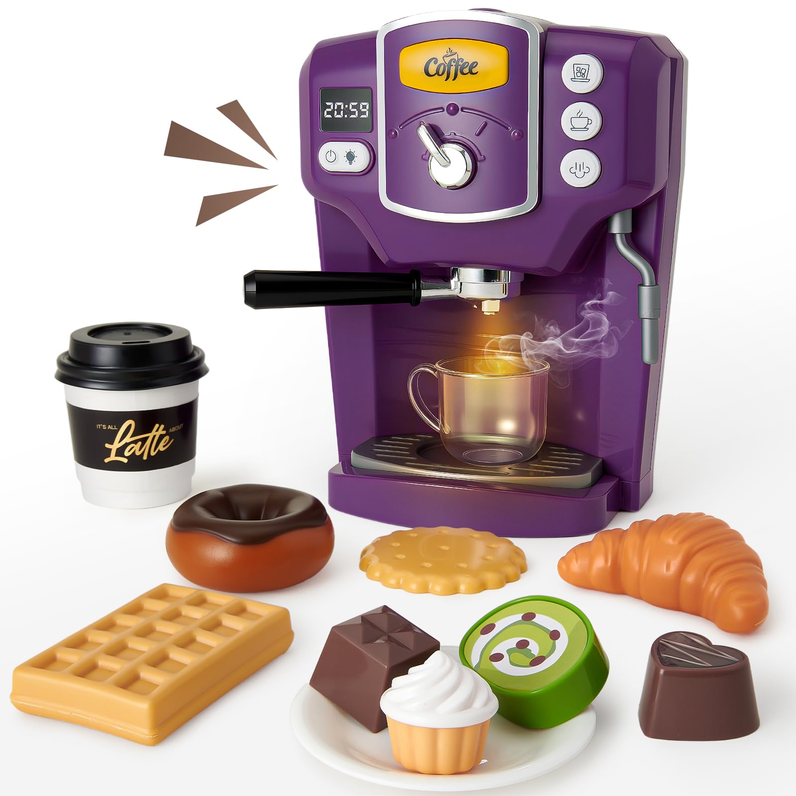 Machine à Café pour Enfants avec Son & Lumière & Fonction Eau & Desserts Imités - Jouet de Jeu de Rôle - Cadeau d'anniversaire pour Filles et Garçons à partir de 3 Ans