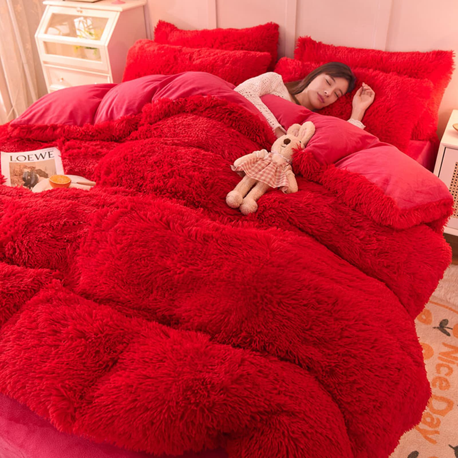 AIWQTO Thicken Faux Fur Fuzzy Duvet Cover Set,Crystal Velvet Keep Warm Bedding Set,Zippered Luxury Ultra Soft Comforter Cover Set For Winter-Grey Queen 200x230cm(79x91inch)