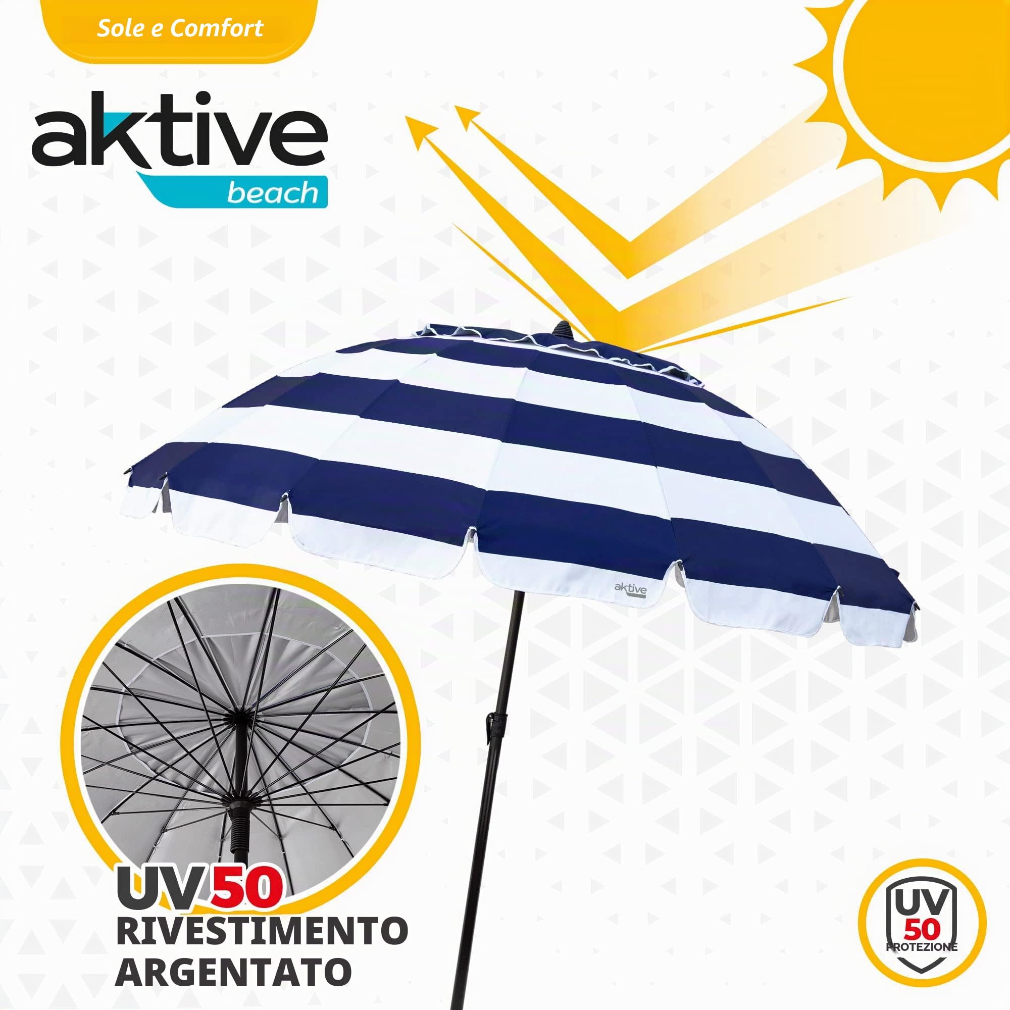 AKTIVE 62247 | Ombrellone da spiaggia antivento con protezione UV50 | Ombrellone da spiaggia Ø240 con altezza regolabile e asta inclinabile | Ultra antivento | Include borsa per un facile trasporto