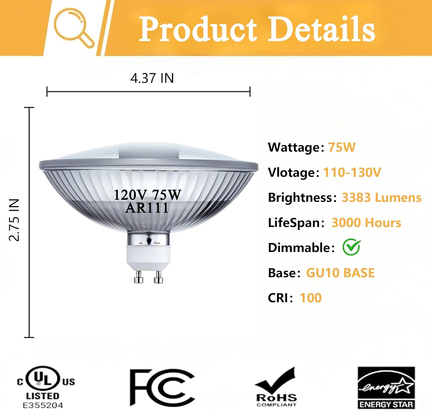 R111/GU10/FL 75W Halogen Flood Light Bulb,R111/GU10/FL Reflector Halogen Bulbs- GU10 Base (Twist & Lock) Glass Cover for Landscape, Downlights, Recessed Lighting