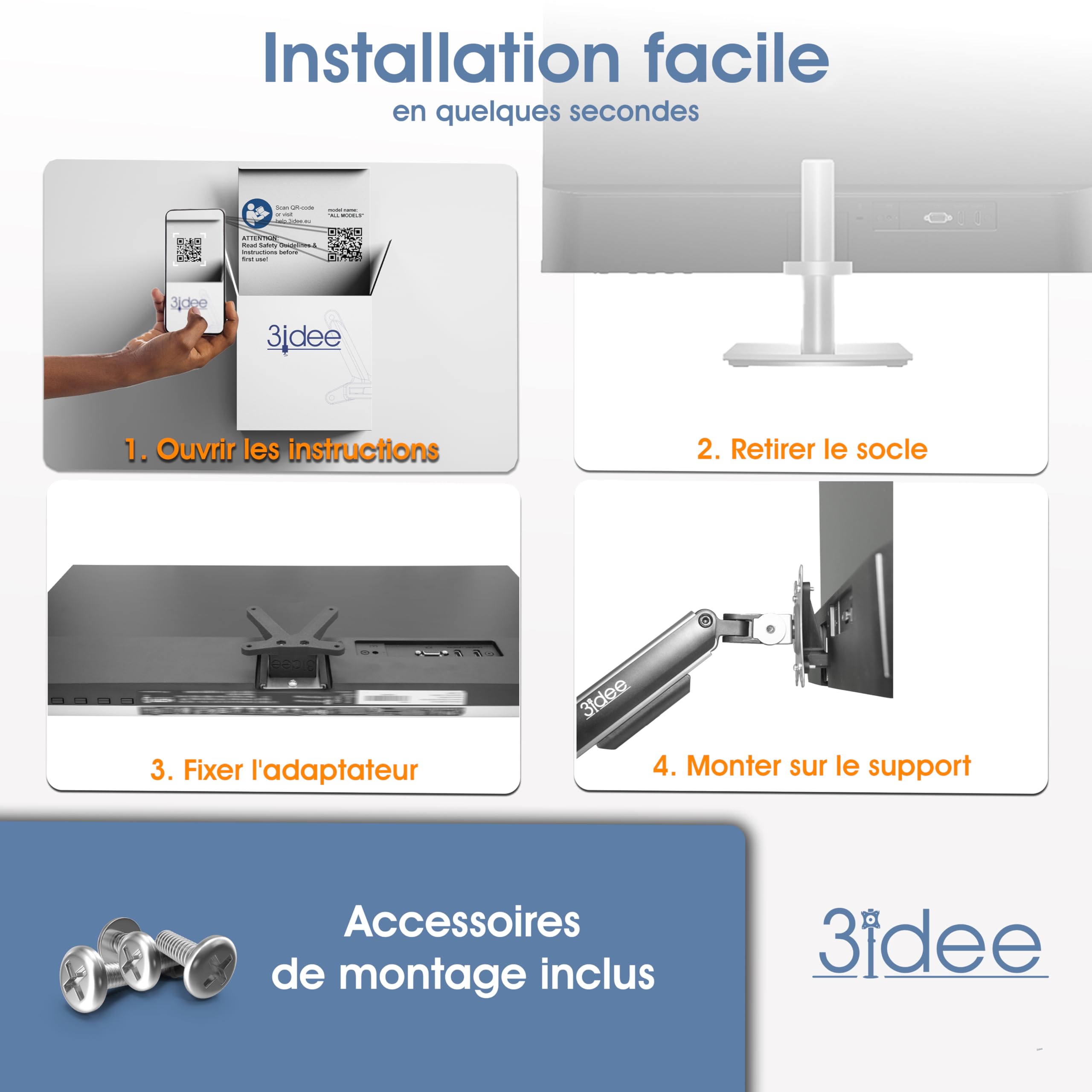 3IDEE Adaptateur VESA Compatible HP M24h M27h 524sh 527sh Support 75x75 pour Montage Mural