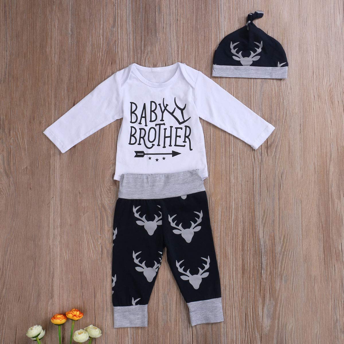 Baby Boy Clothes Little Brother Short Sleeve Bodysuits Pants +Hat 3 Pieces Outfit Set (Baby Brother Sets, 6-12 Months)