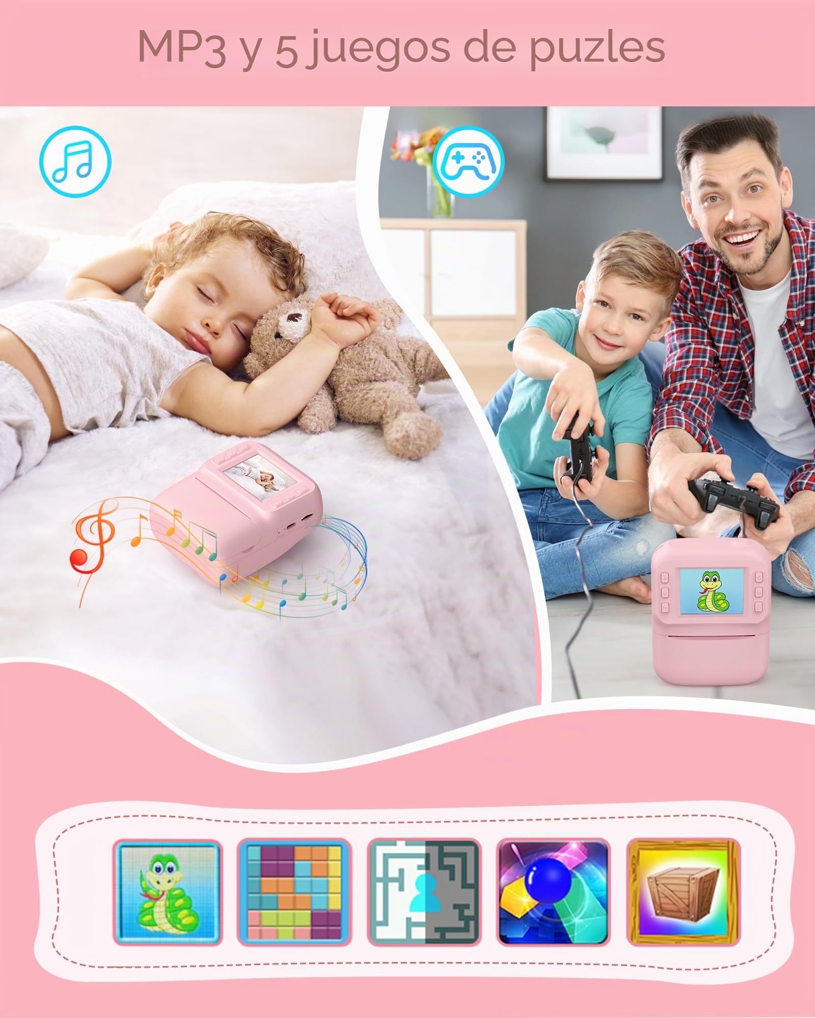 Camara de Fotos Instantaneas, Pantalla HD de 2.4 Pulgadas, Resolución de 48 MP, Vídeo HD 1080p, Incluye 32 GB Tarjeta y 3 Rollos de Papel Fotográfico, Ideal para Niños de 3 a 12 Años (Rosa)