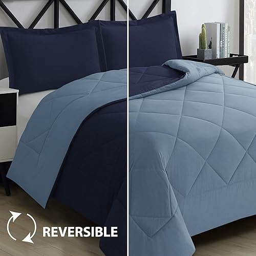 Miniatura 2 de Cathay Home Juego de edredón reversible alternativo de plumón de ganso ultra afelpado, tamaño individual, azul marinoregata, juego de ropa de cama